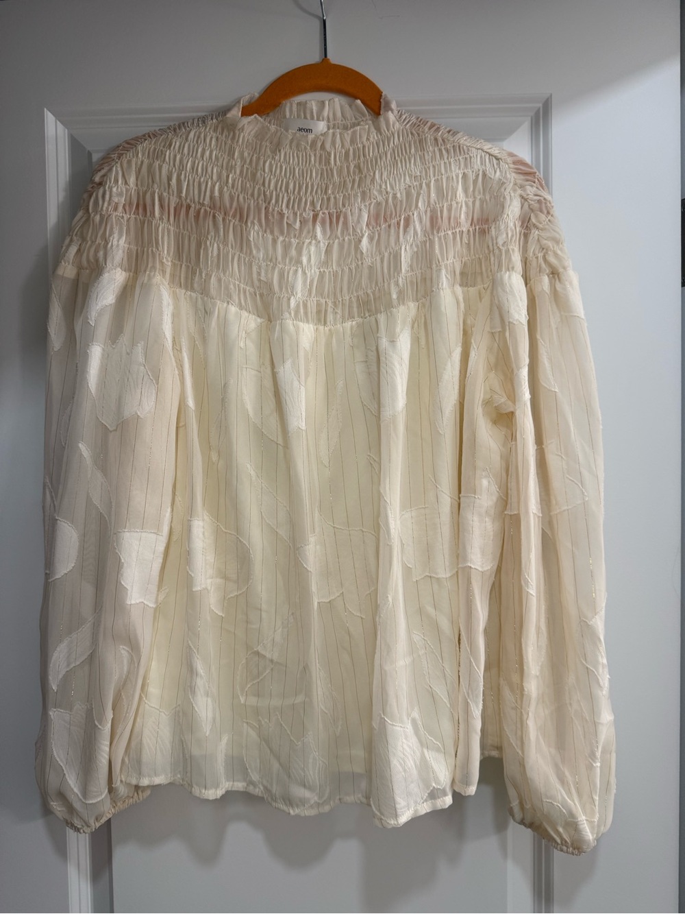 Light Cream Smocked Yoke Sheer Floral Blouse